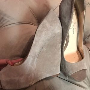 Jessica Simpson suede like peep toe wedge 8